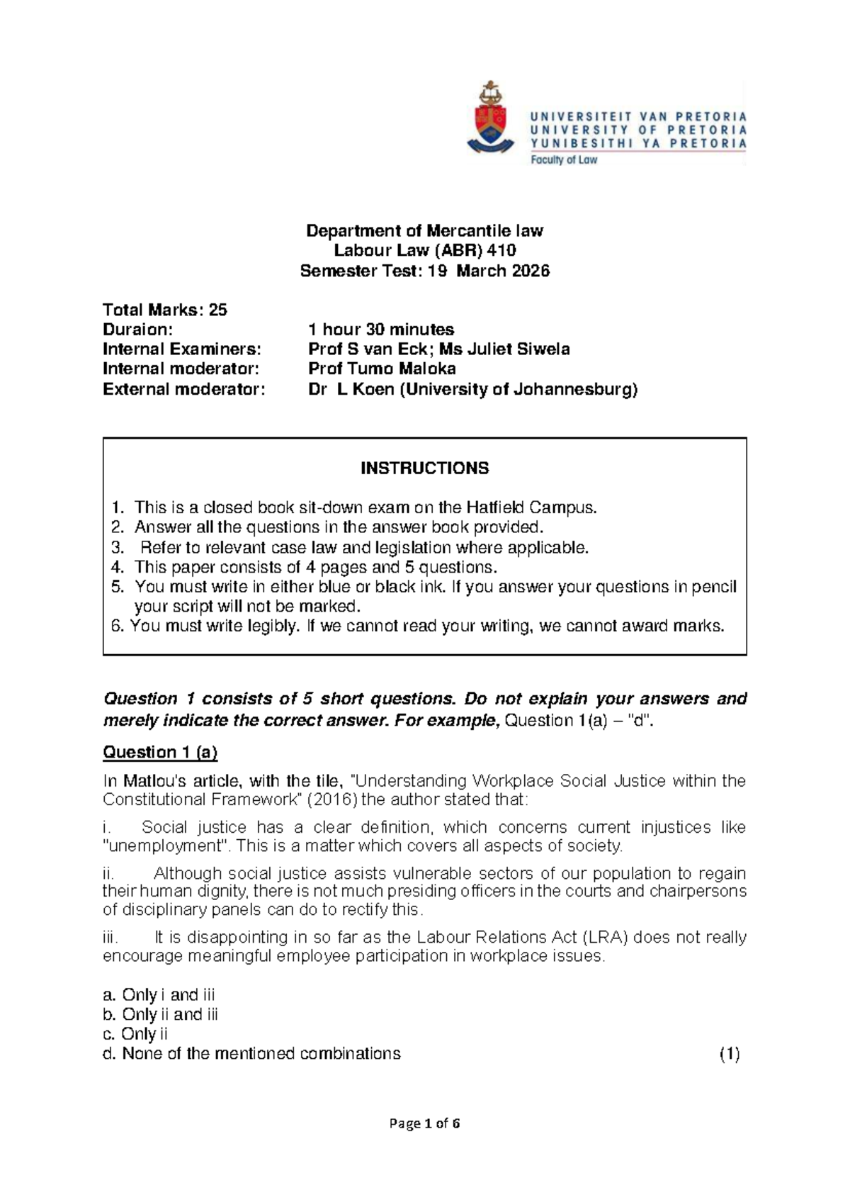 ABR 410 Labour Law Semester Test 1: 19 March 2026 with Memo - Studocu