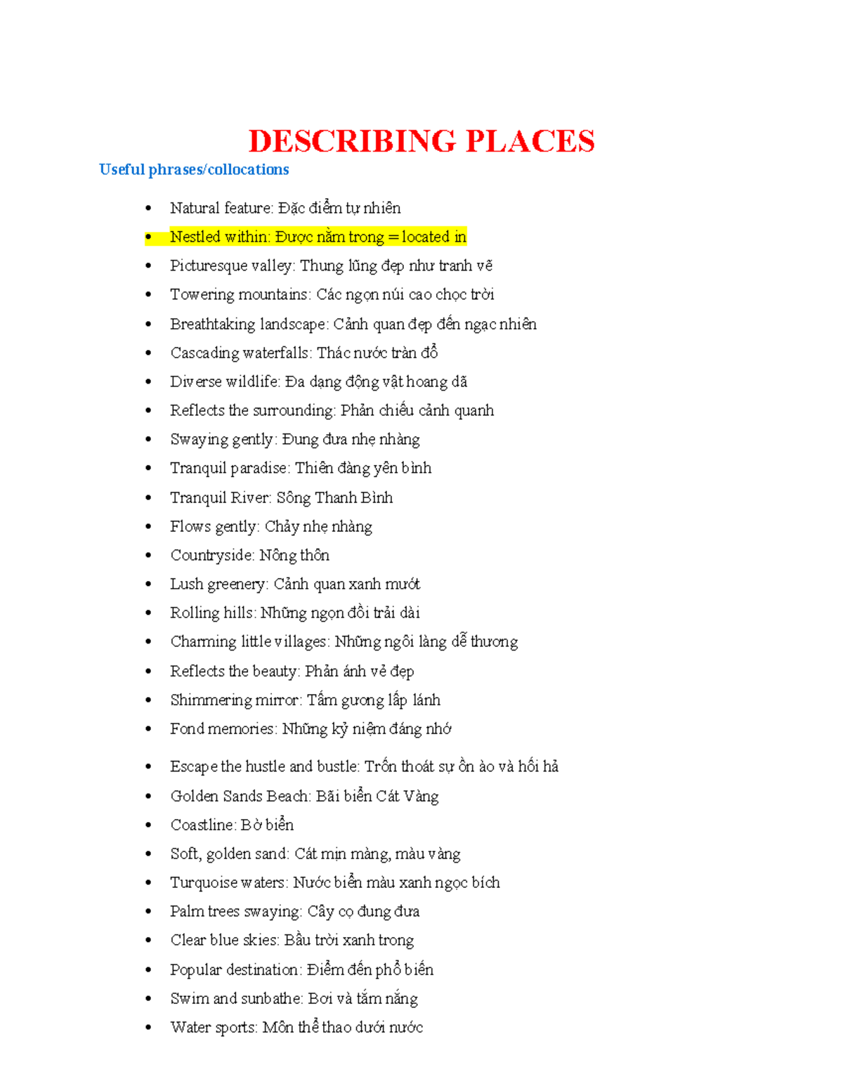 Describing Places Vocabulary: Natural Features and Scenic Landscapes ...