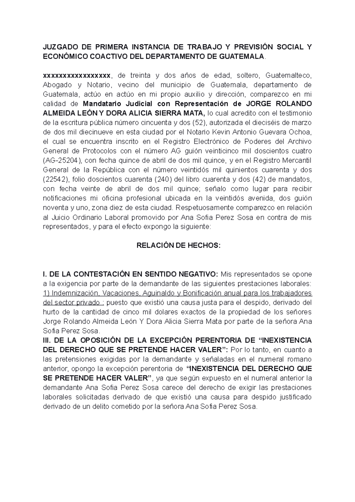 Contestación Negativa a Juicio Ordinario Laboral - Caso Jorge R. A. León y D. A. Sierra M. - Document Preview