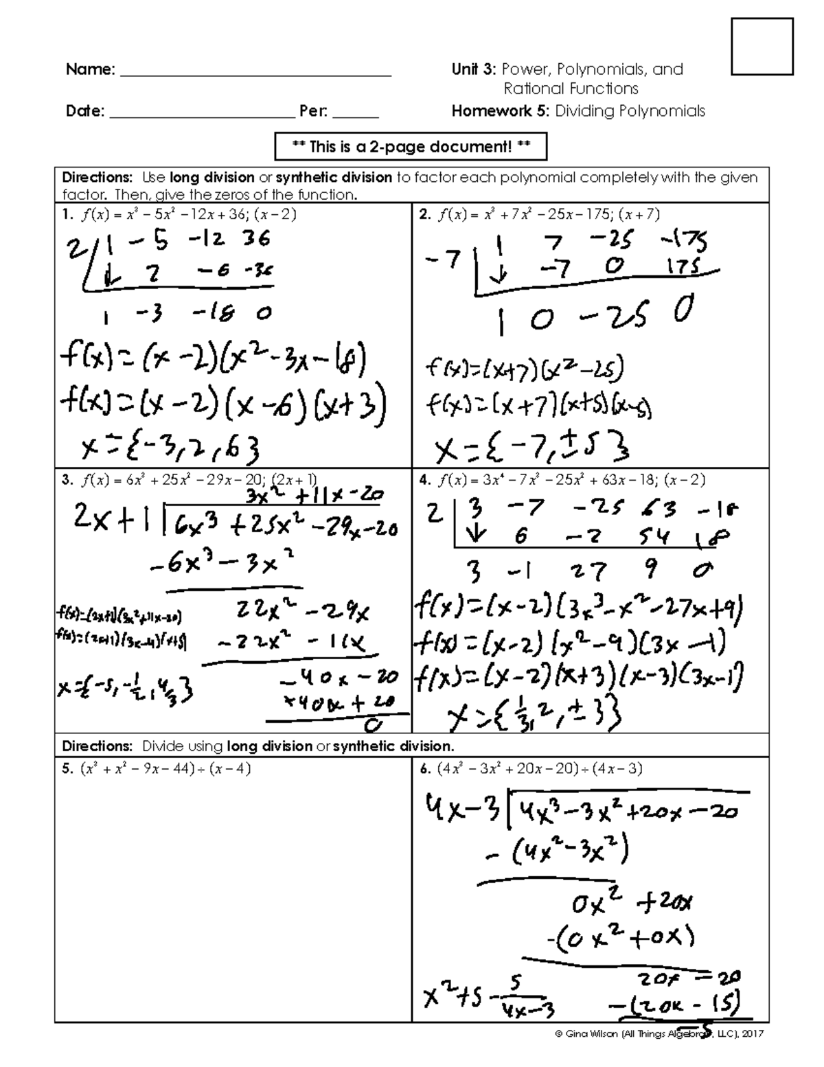 Unit 3: Dividing Polynomials Homework 5 - Power & Rational Functions ...