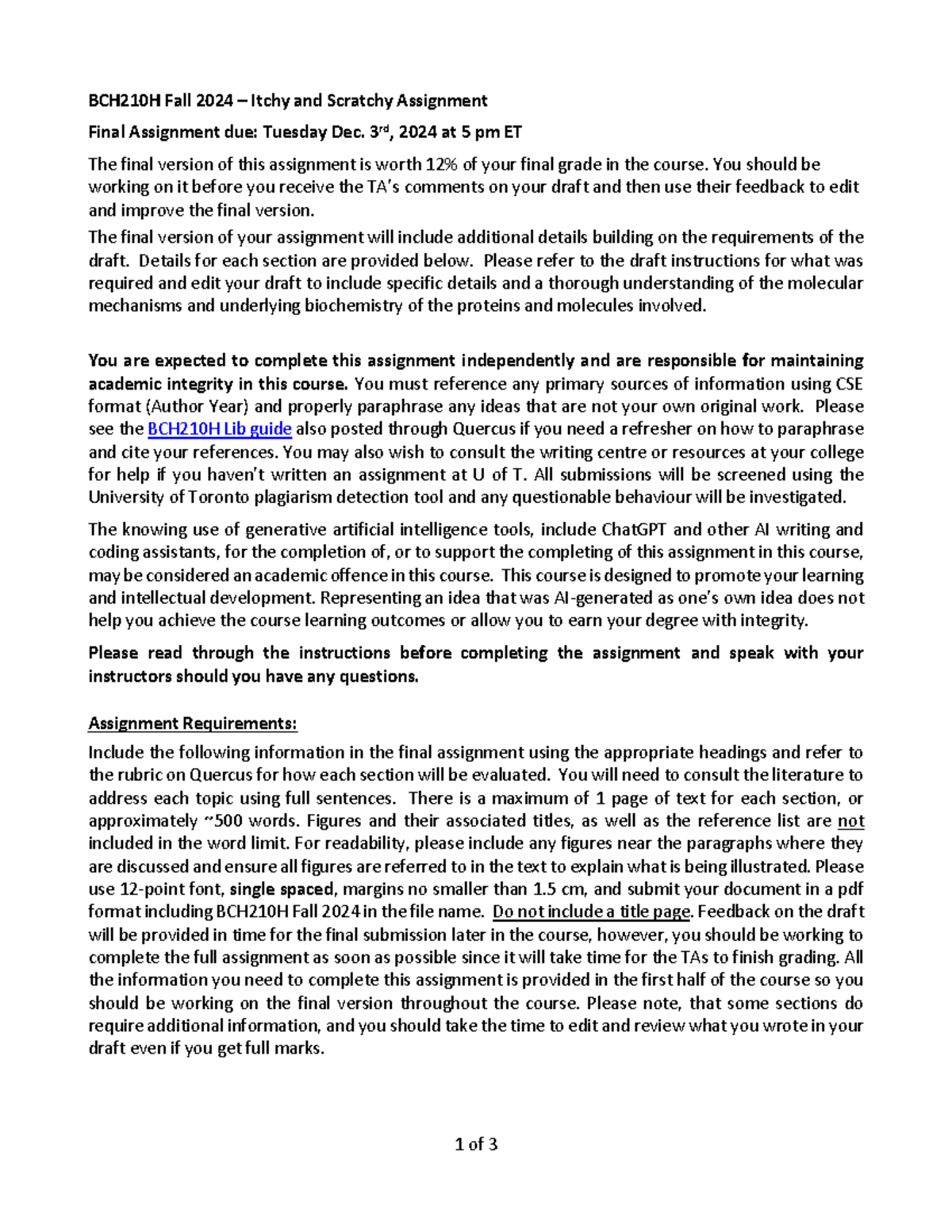 BCH210H Fall 2024 - Final Assignment Instructions and Guidelines - Studocu