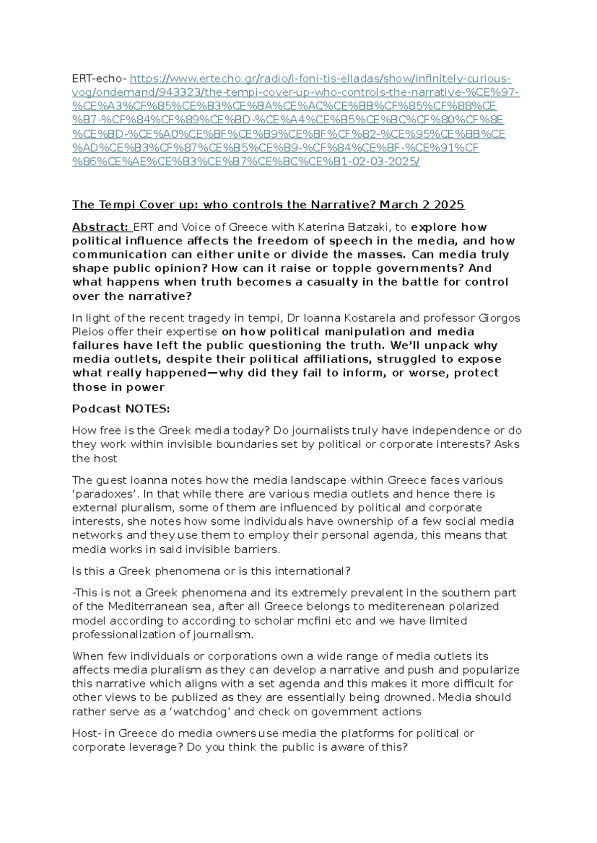 ERT 2025 Podcast: Media Control & the Tempi Tragedy Analysis - Studocu