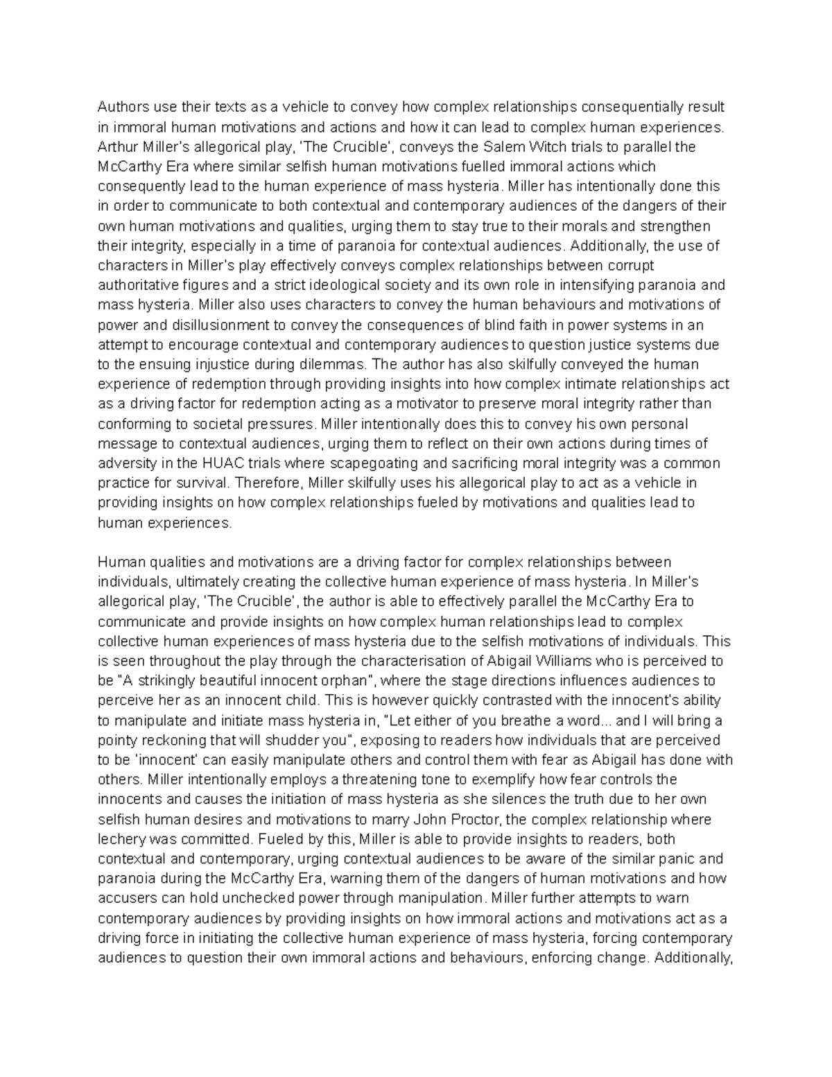 ENG101: The Crucible Essay - Exploring Complex Relationships and Human ...
