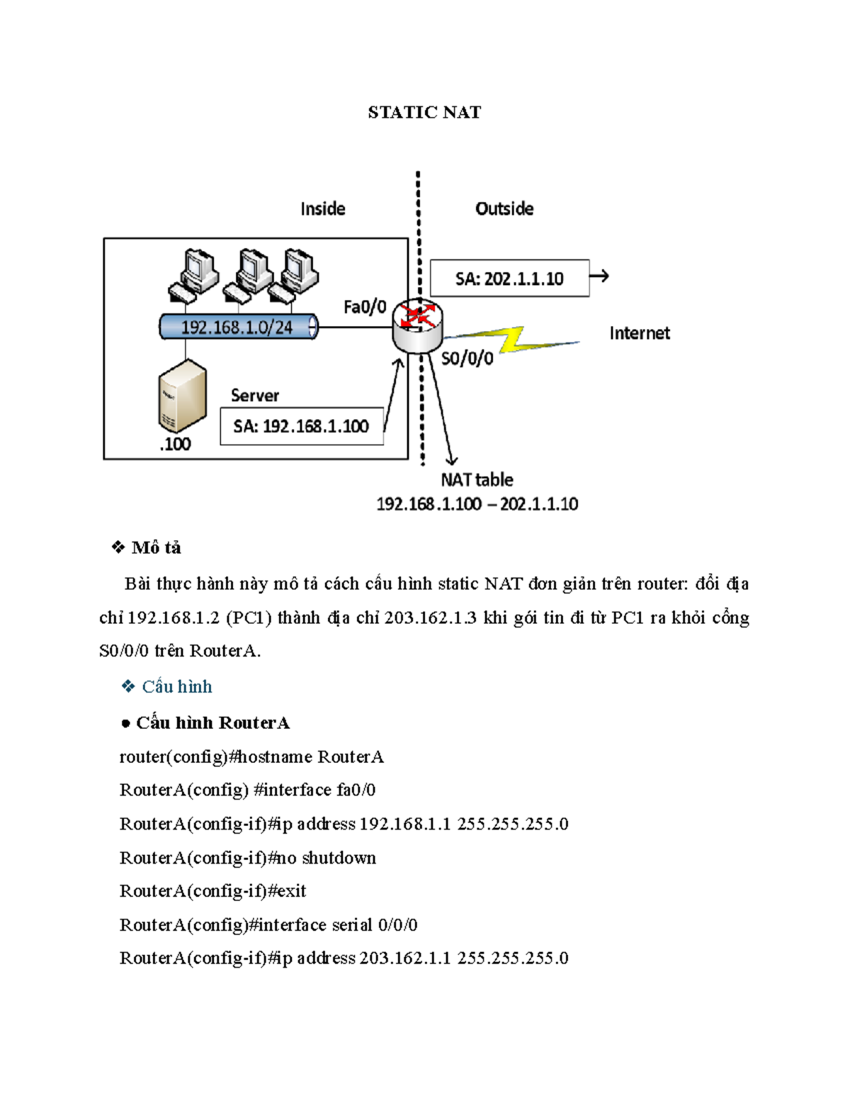 Static NAT Configuration on RouterA - Lab Guide - Studocu