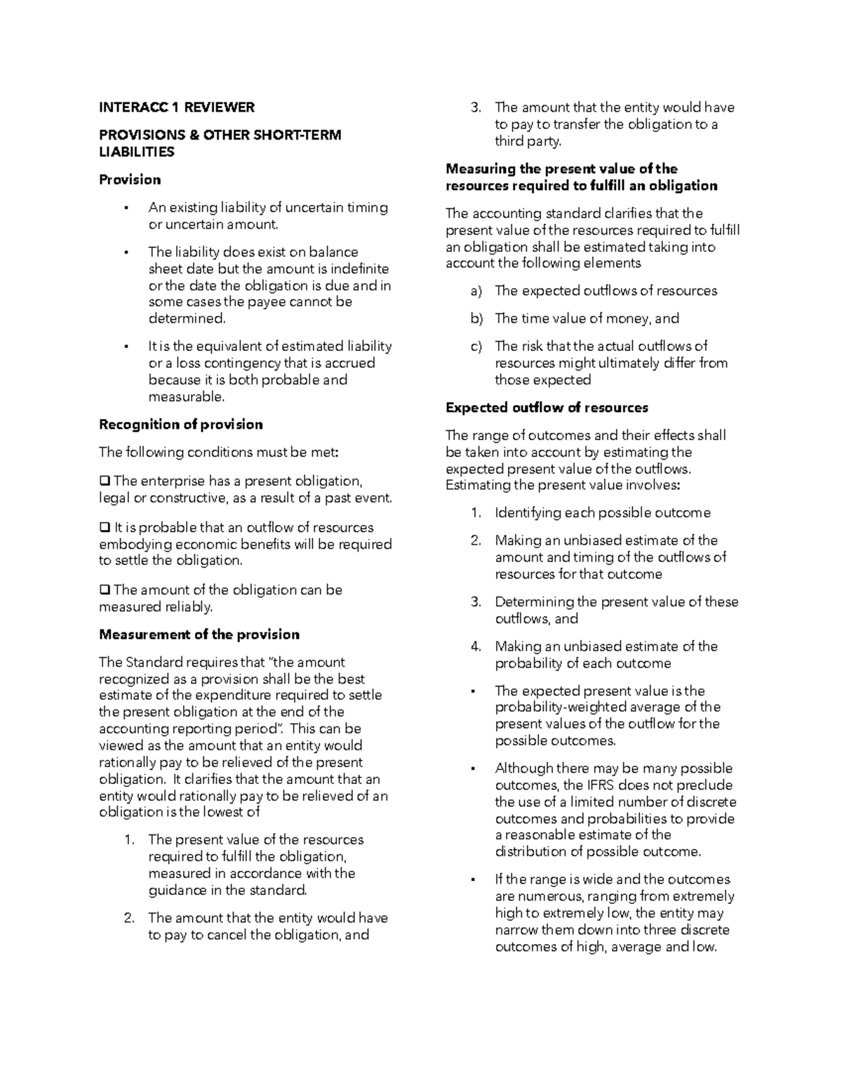 INTERACC 1 Midterm Exam Reviewer on Provisions & Short-Term Liabilities ...