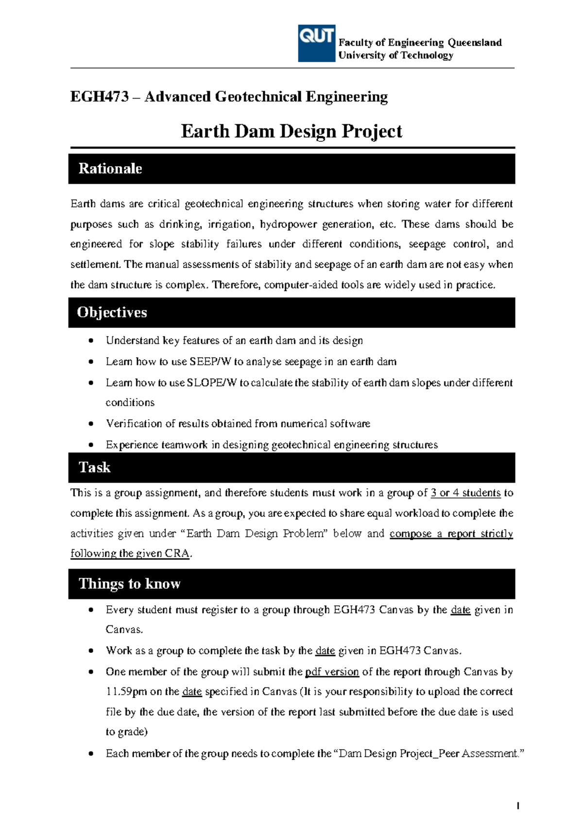 EGH 473 - Group Assignment 1: Earth Dam Design & Analysis (2024) - Studocu