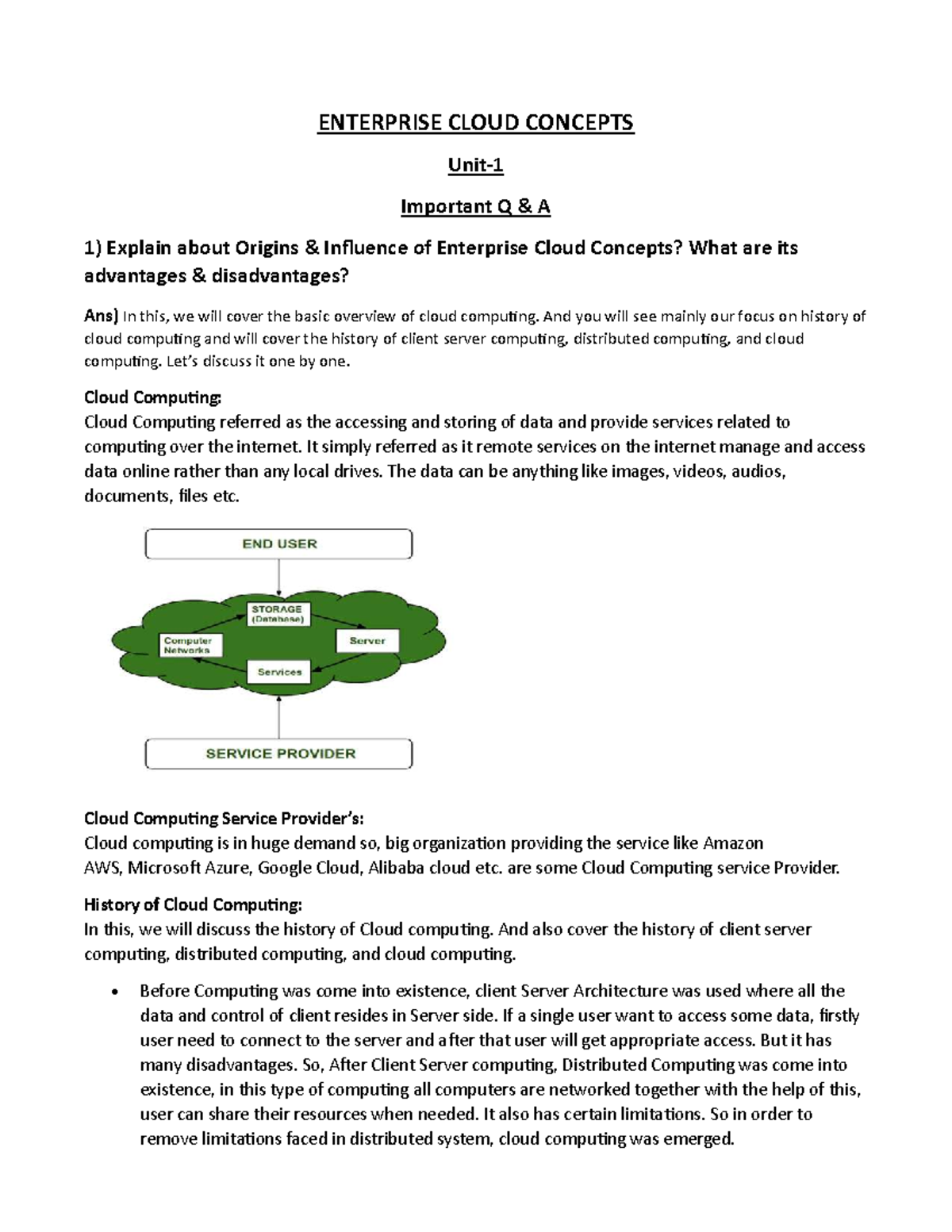 Unit-1 - Enterprise Cloud Concepts: Key Q&A and Insights - Document Preview