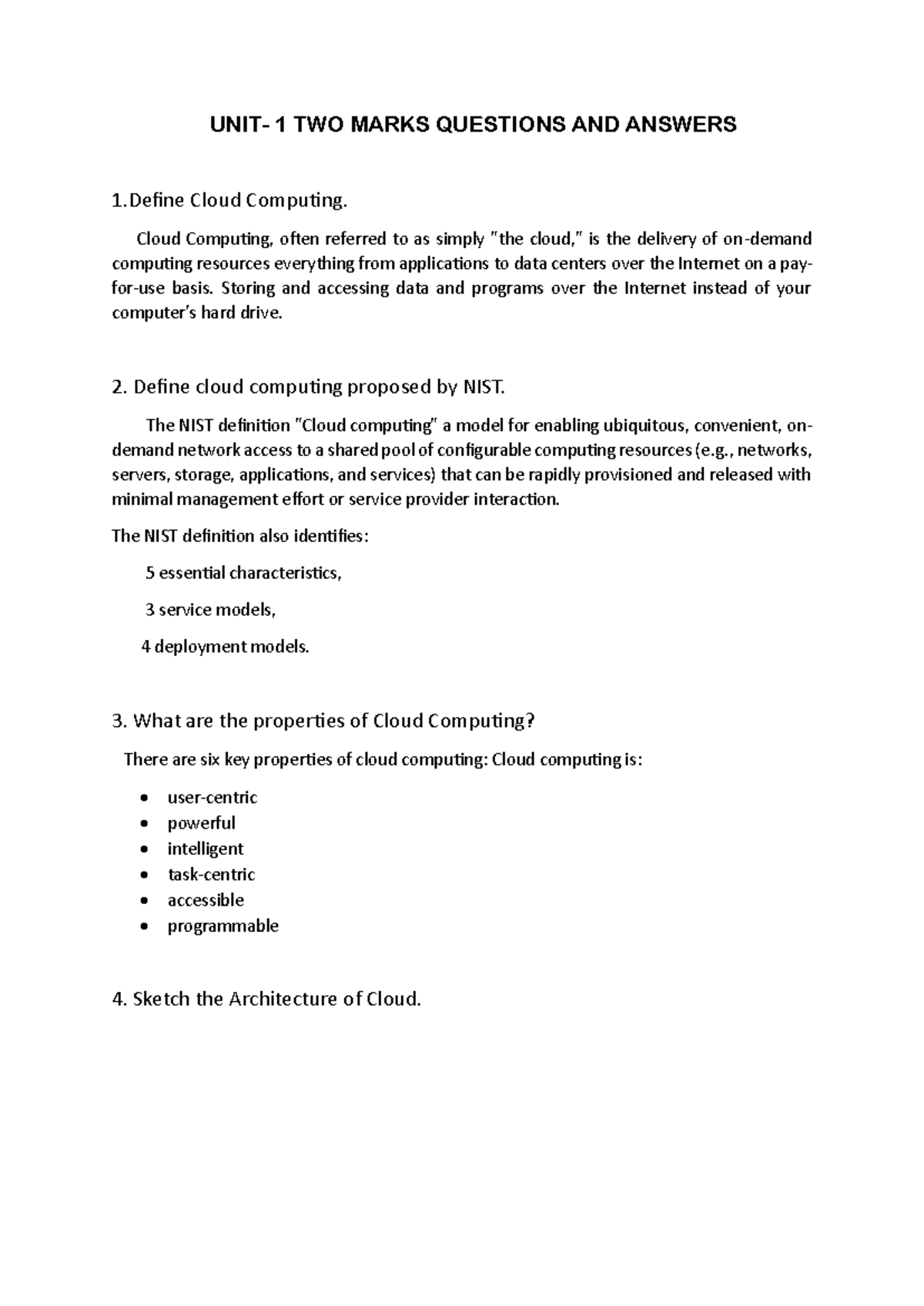 UNIT-01 2 Marks - Cloud computing - UNIT- 1 TWO MARKS QUESTIONS AND ...