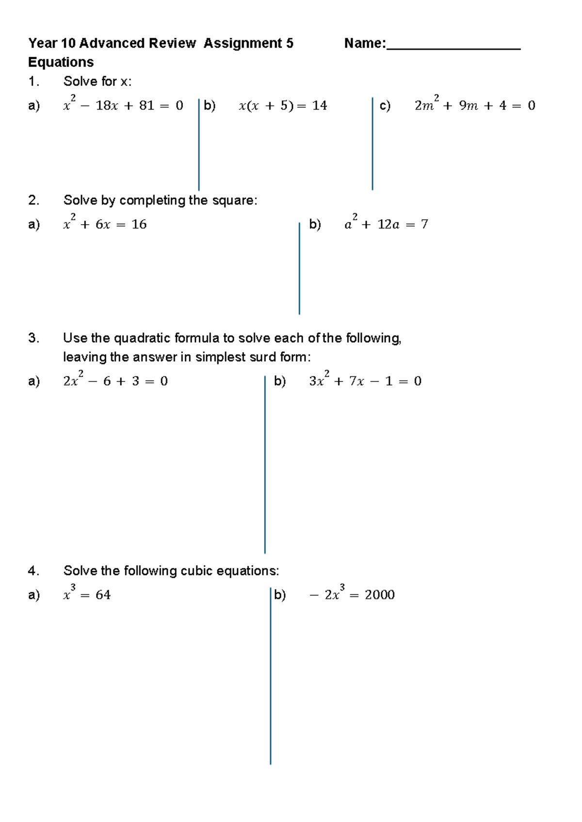 Year 10 Adv. Math Assignment 5: Solving Equations & Roots - Studocu