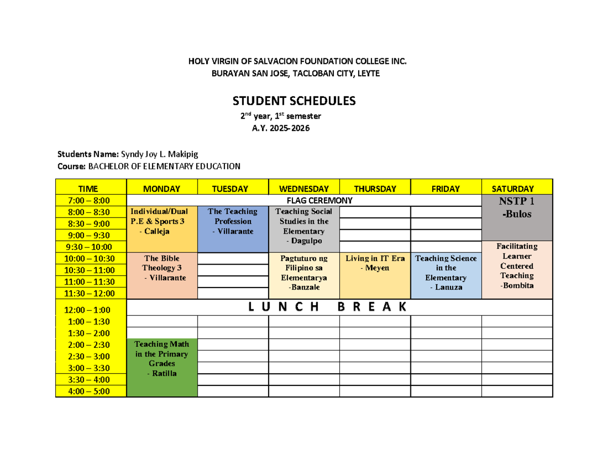 BEE 2nd Year 1st Sem Class Schedule - Holy Virgin College - Studocu
