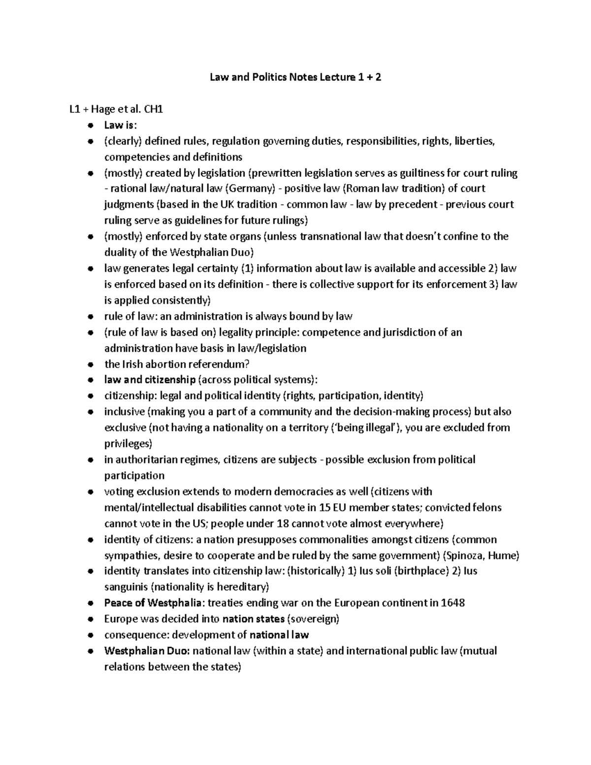 Law and Politics Lecture Notes: Key Concepts from Lectures 1 & 2 ...