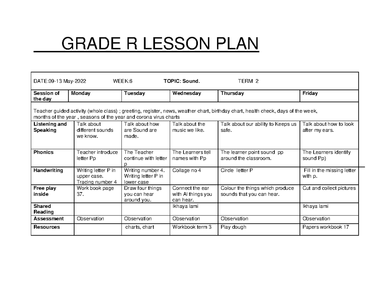 GRADE R Term 2 Lesson Plan: Sound Activities for Week 6 - Studocu