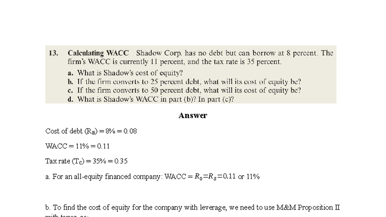 Ex 13 Corporate Finance: WACC & Cost of Debt Analysis - Studocu