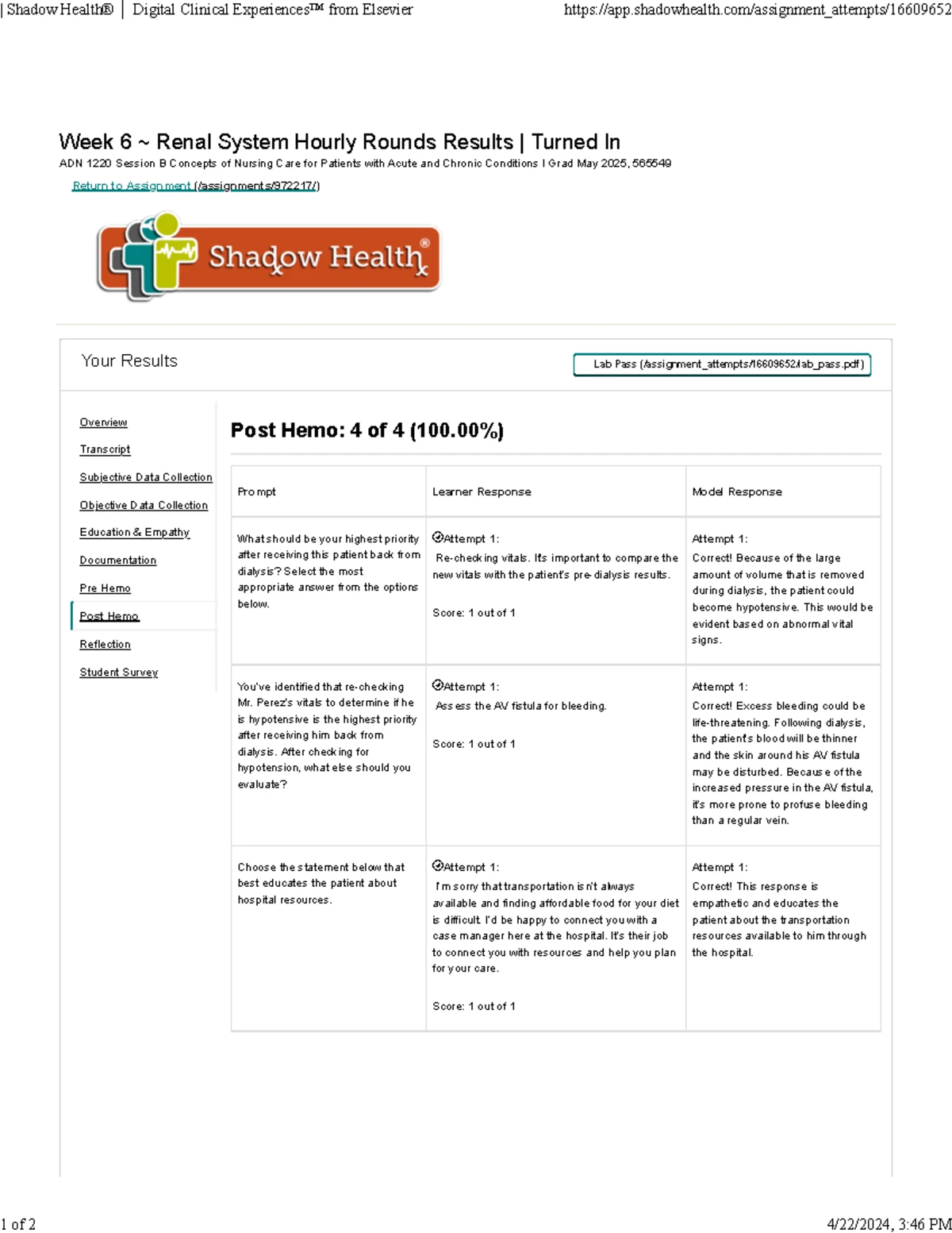 Shadow Health Complex Patient Case Doris Turner Transcript Week 7