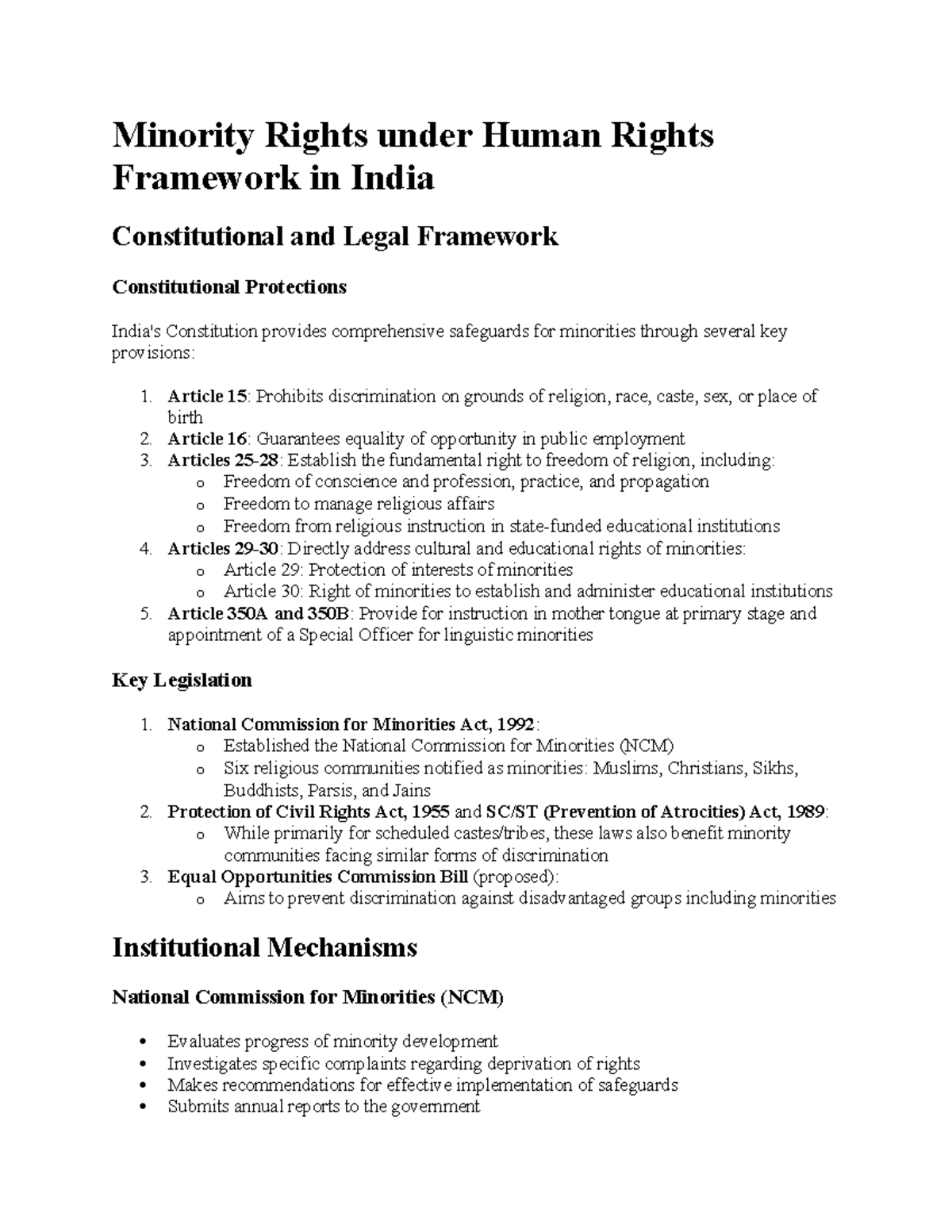 Minority Rights in India: Constitutional Protections & Challenges - Studocu