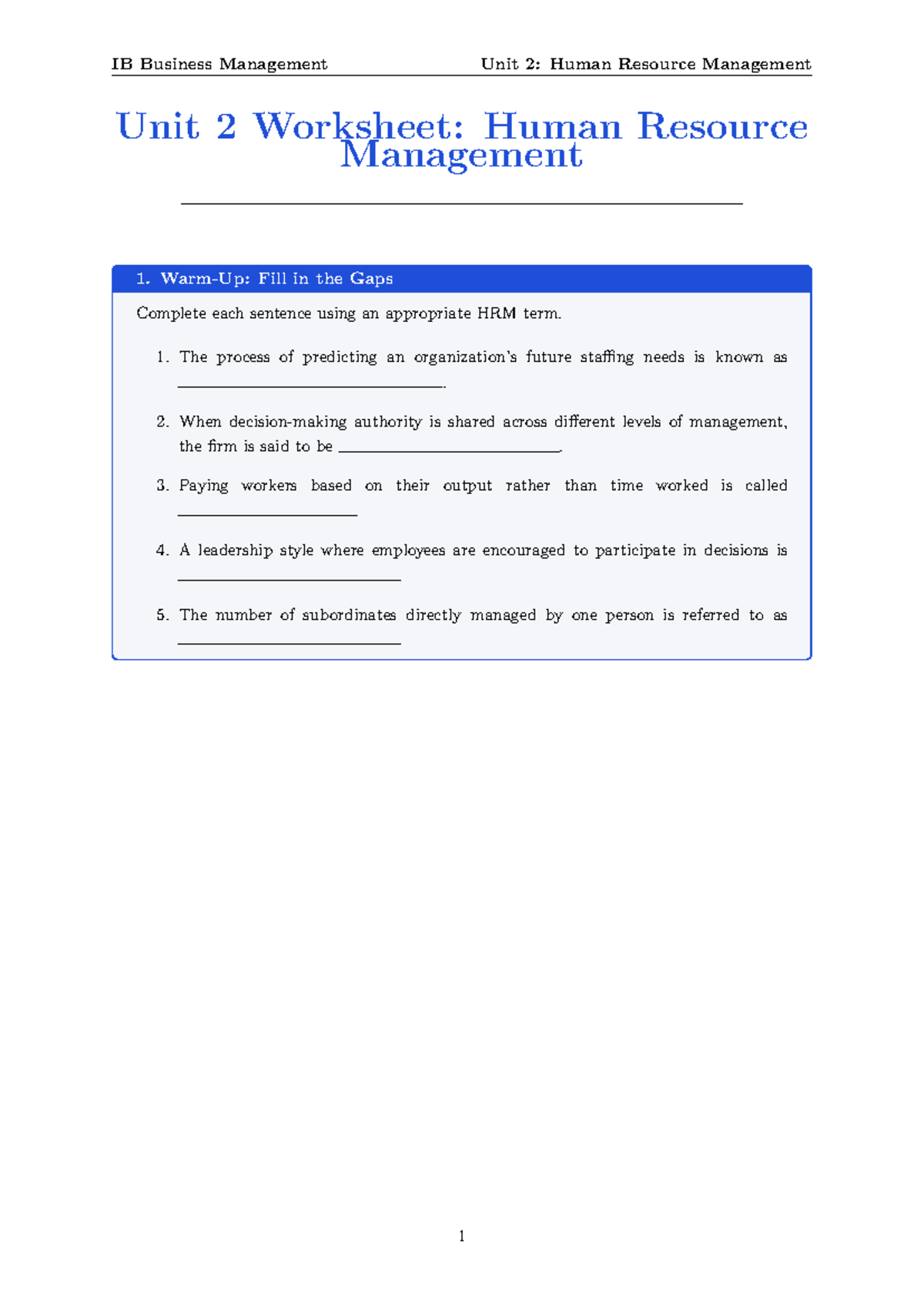 IB Business Management Unit 2: HRM Worksheet & Practice Guide - Studeersnel