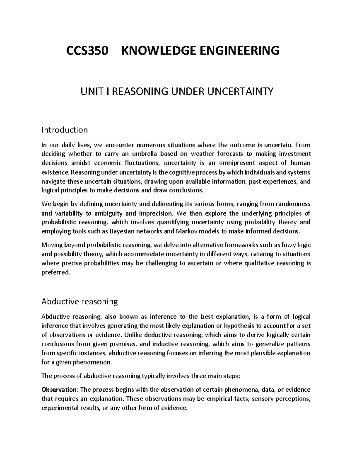CCS350 Knowledge Engineering: Unit 1 - Reasoning Under Uncertainty ...