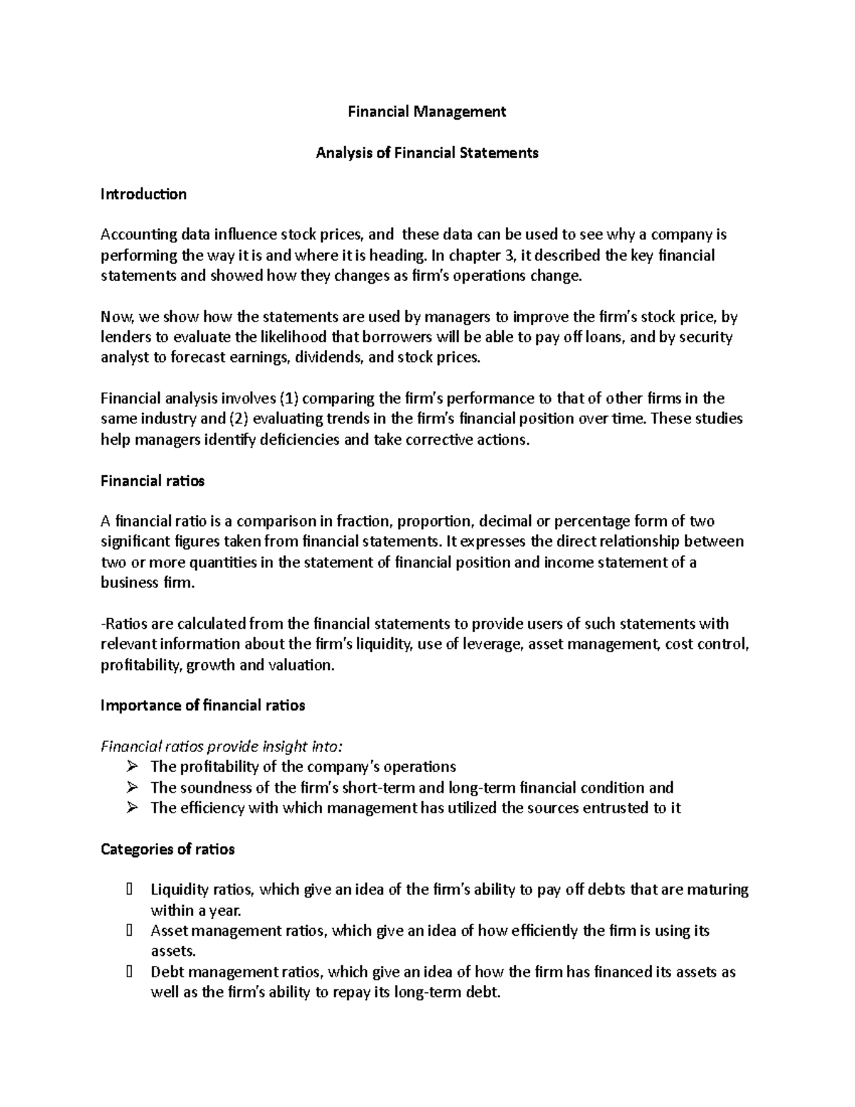Analysis of Financial Statements: Key Ratios and Insights - Studocu