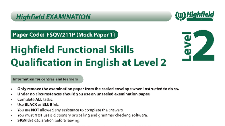 Highfield FSQW211P Level 2 English Mock Exam Paper 1 - Studocu