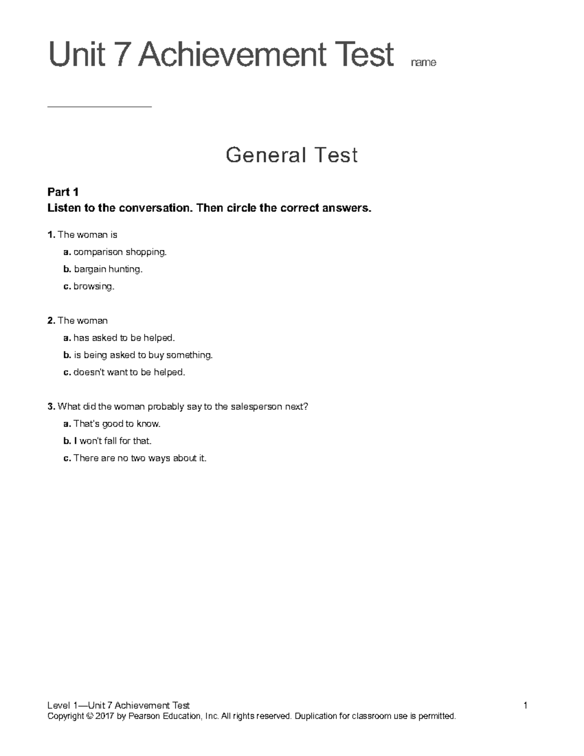 Unit 7 Achievement Test - Level 1 Assessment (SU1) - Studocu