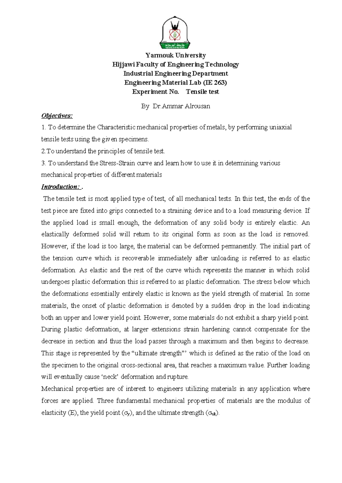 IE 263 Final Exam: Tensile Test Experiment Overview and Analysis - Studocu