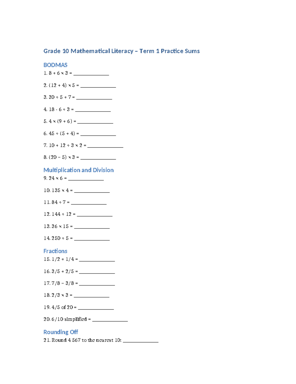 Grade 10 Math Lit Term 1 Practice Sums: BODMAS & More - Studocu
