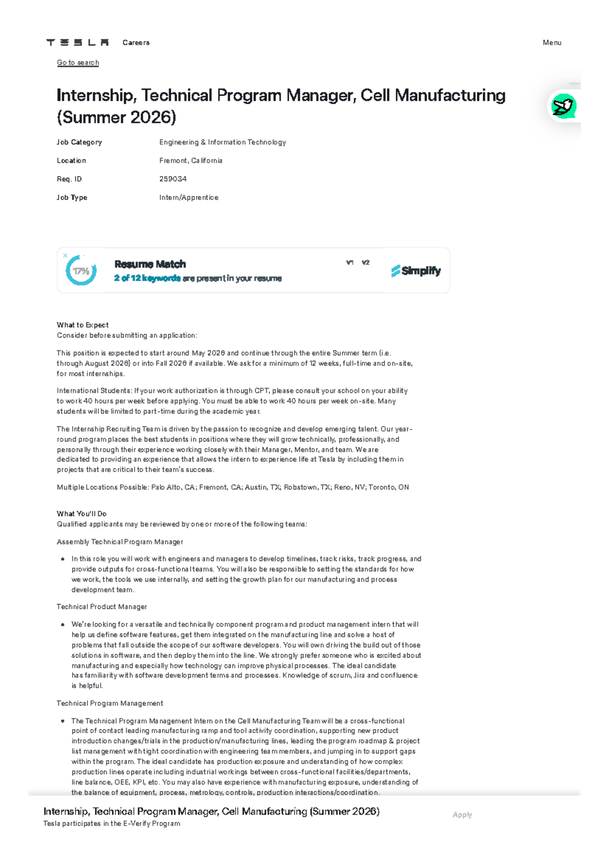 Internship Opportunity: Technical Program Manager, Cell Manufacturing ...