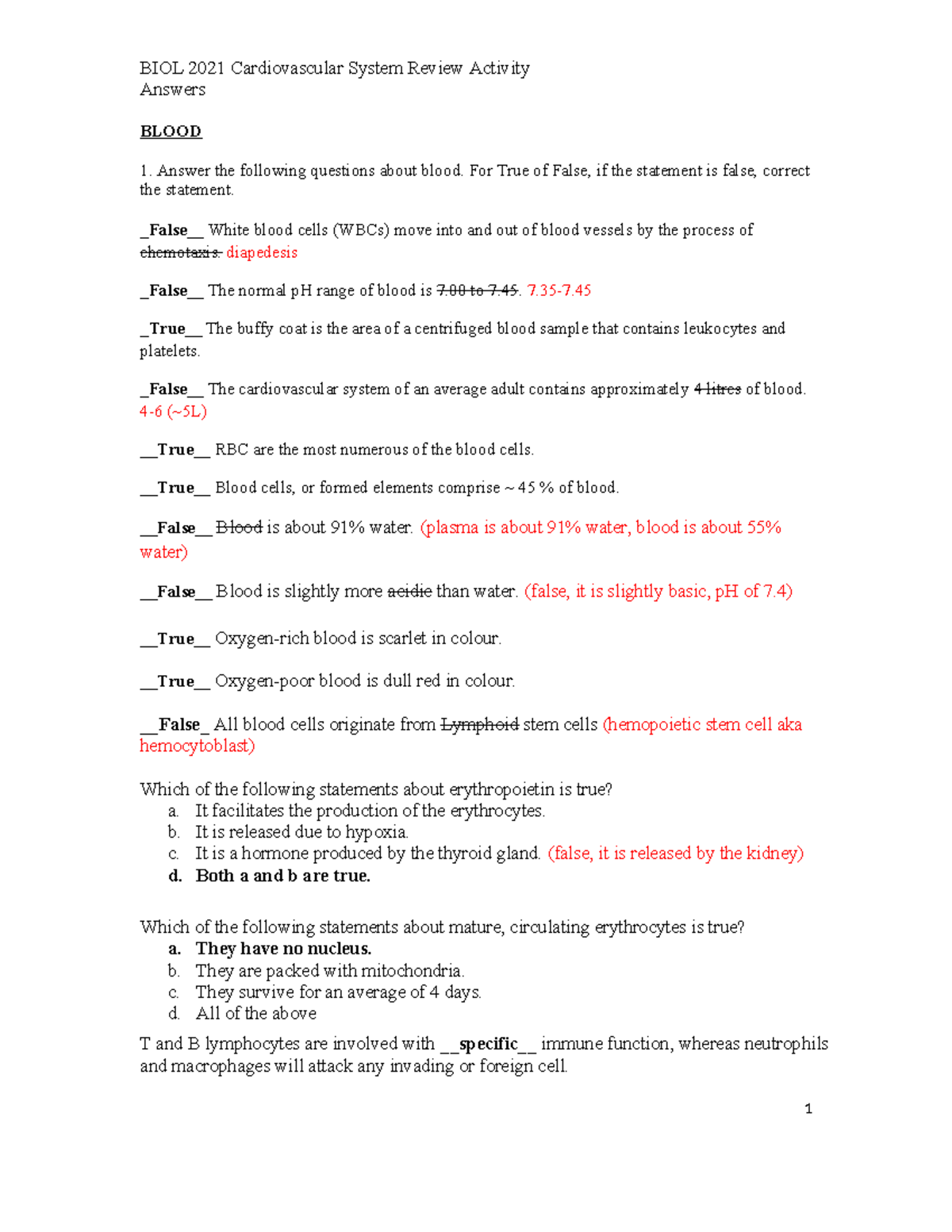 BIOL 2021 Cardiovascular System Review Activity Answers - Studocu