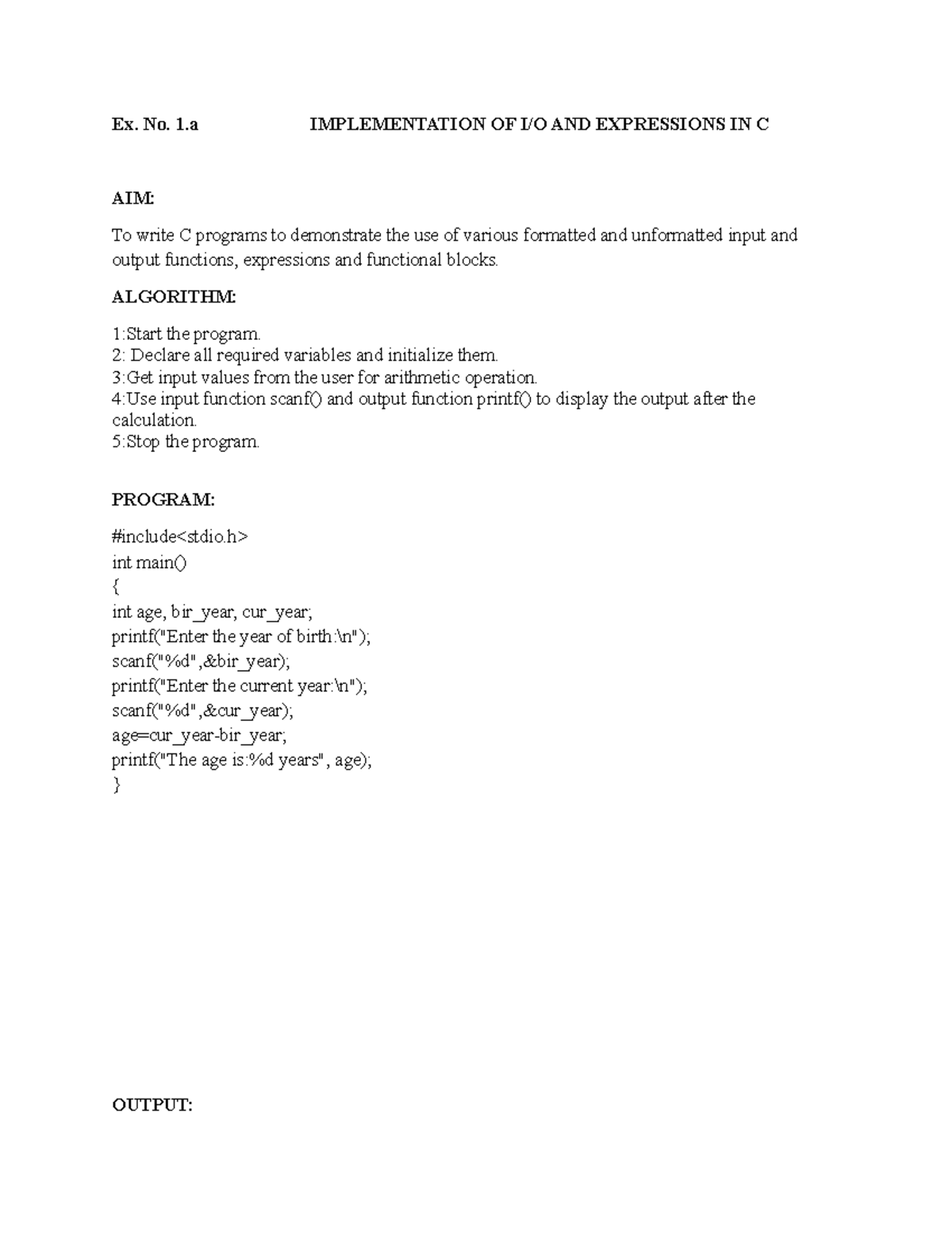 C LAB Manual: Implementation of Expressions and Arrays in C - Studocu