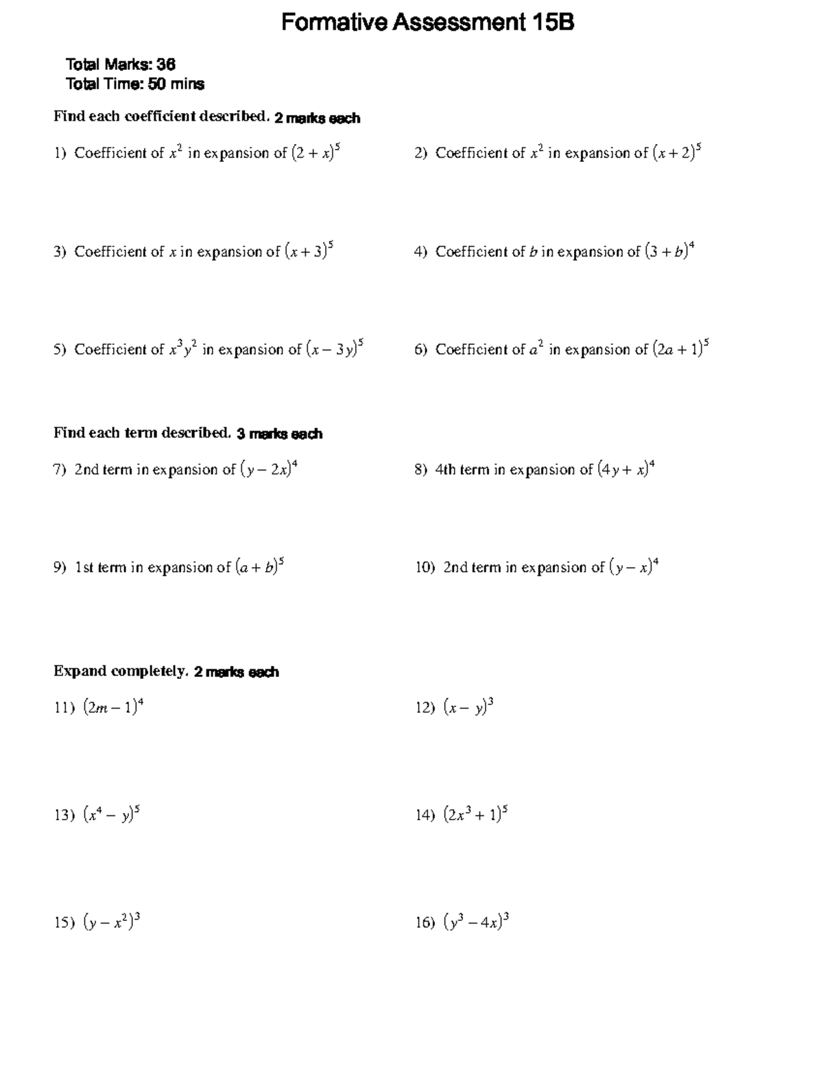 Formative Assessment 15B: Binomial Theorem Coefficients & Expansions ...