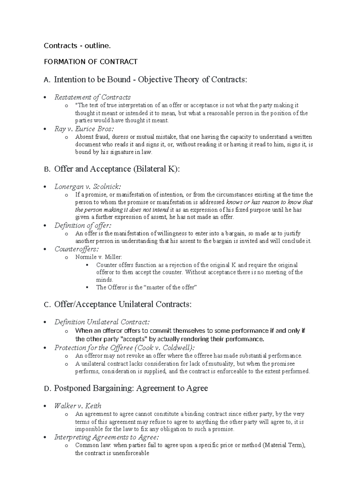 Contracts Outline: Key Concepts and Case Summaries - Studocu