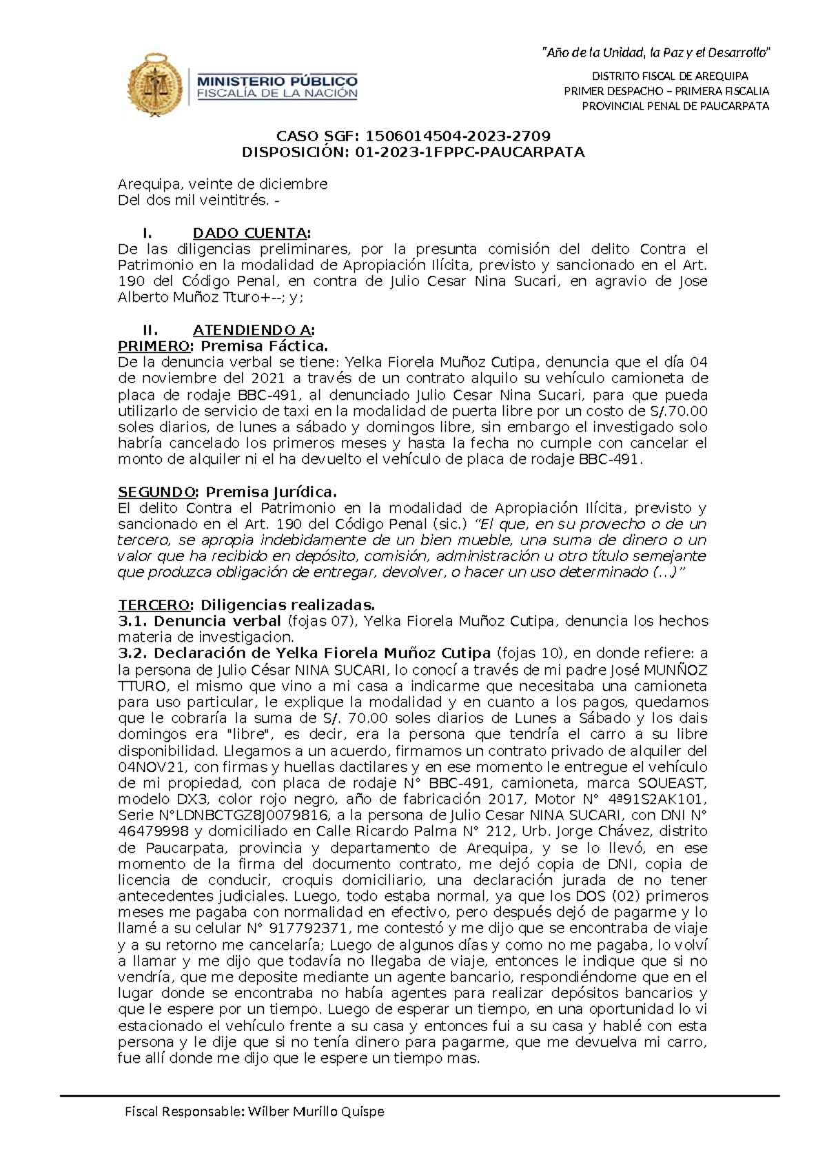 Apropiación Ilícita de Vehículo en Caso SGF: 1506014504-2023 - Document Preview