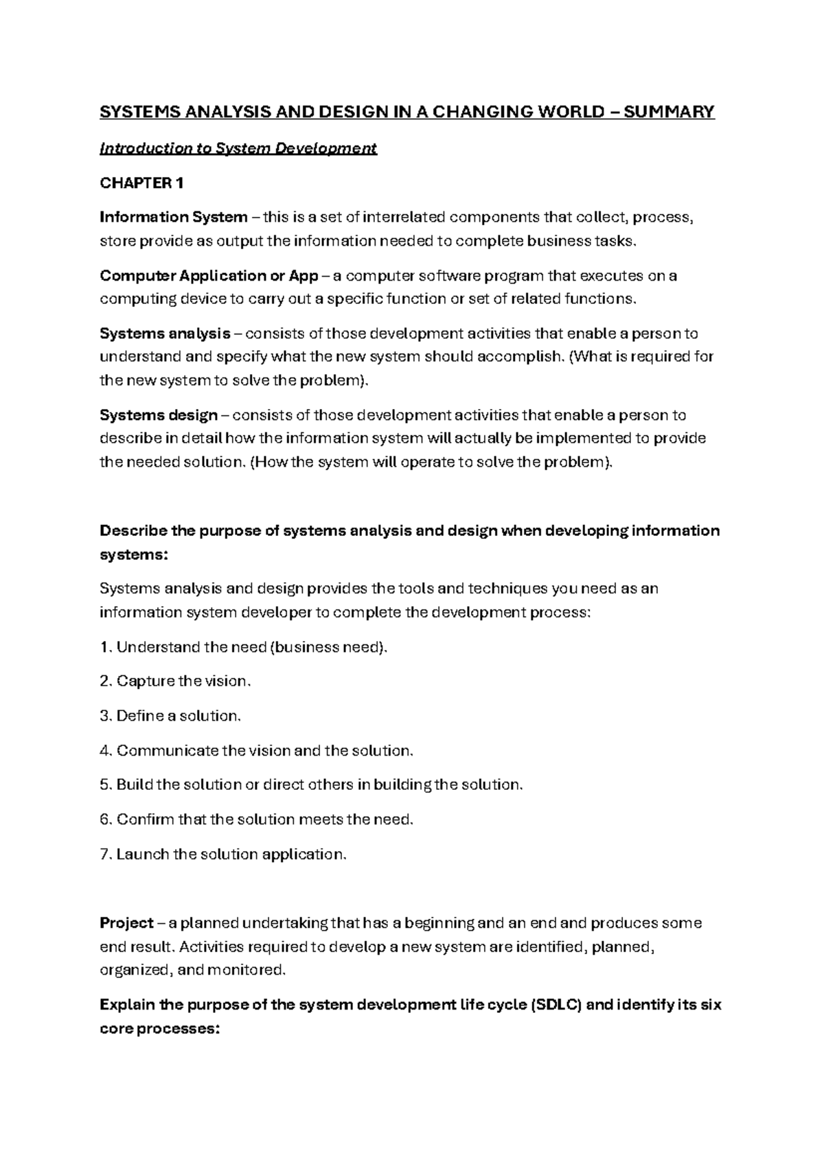 Systems Analysis and Design (SAD 101) Summary: Chapters 1-5 Overview ...