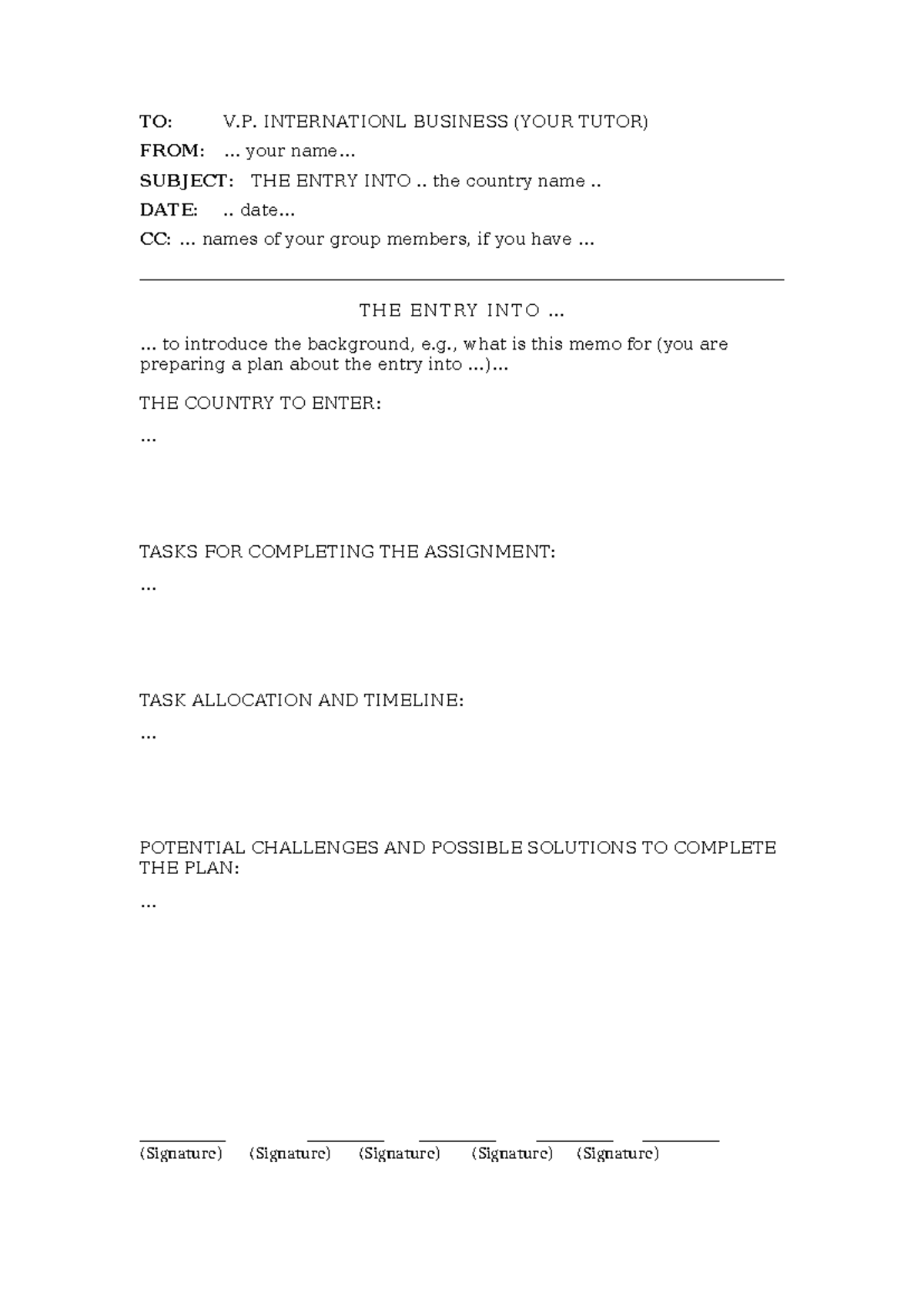 BUSS3103 Assignment Memo template - TO: V. INTERNATIONL BUSINESS (YOUR ...