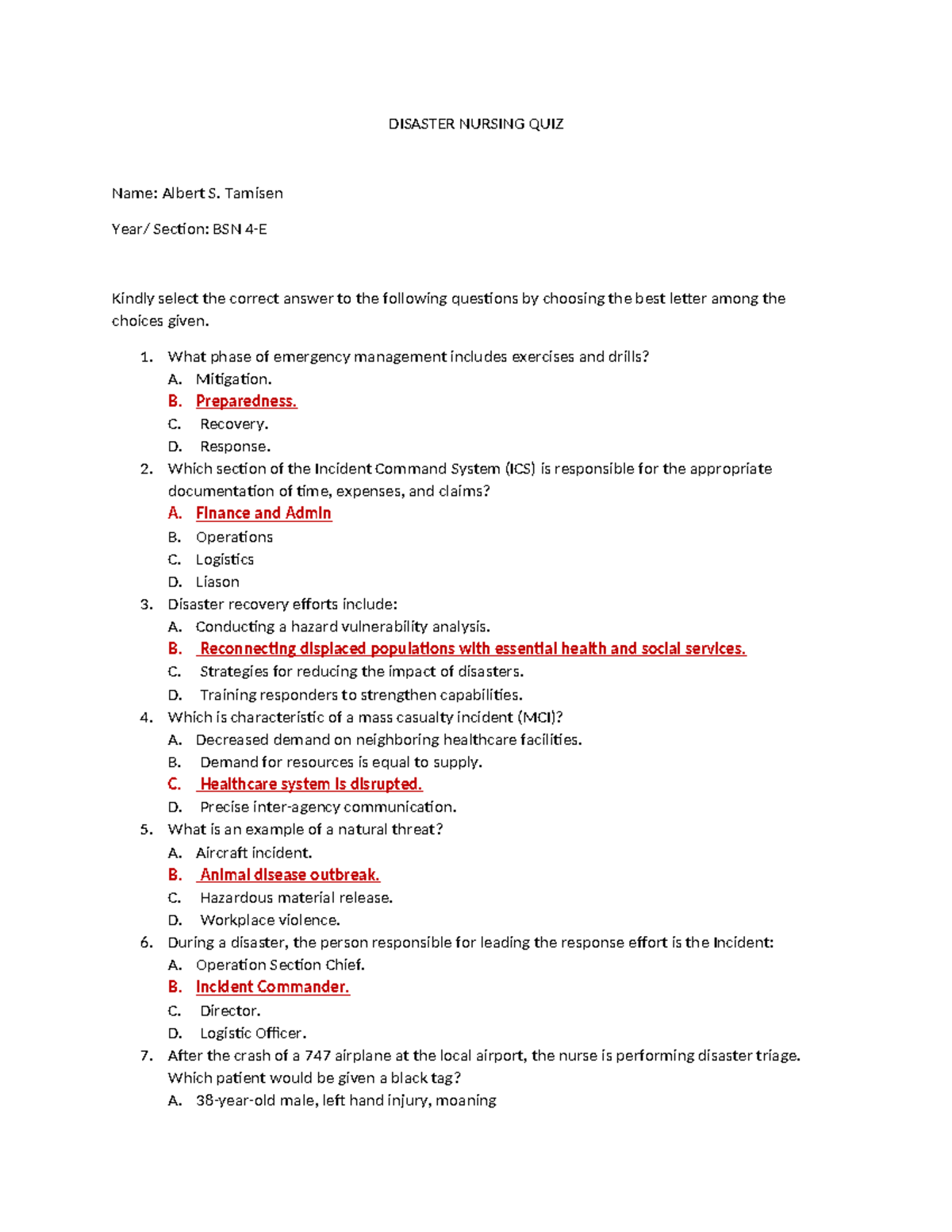 Disaster Nursing BSN 4-E Final Quiz Questions and Answers - Studocu