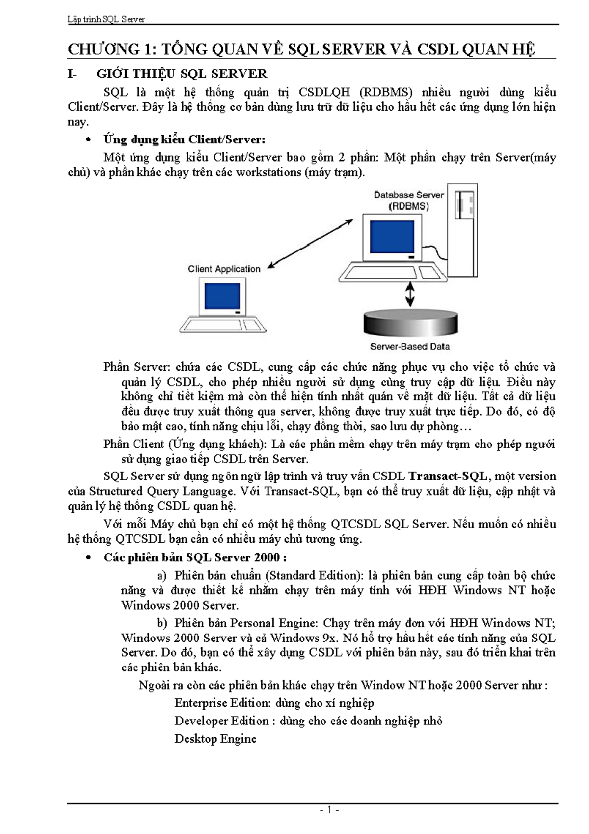 Giáo Trình SQL Server (GTSQL) - Chương 1: TỔNG QUAN VỀ SQL SERVER - Studocu