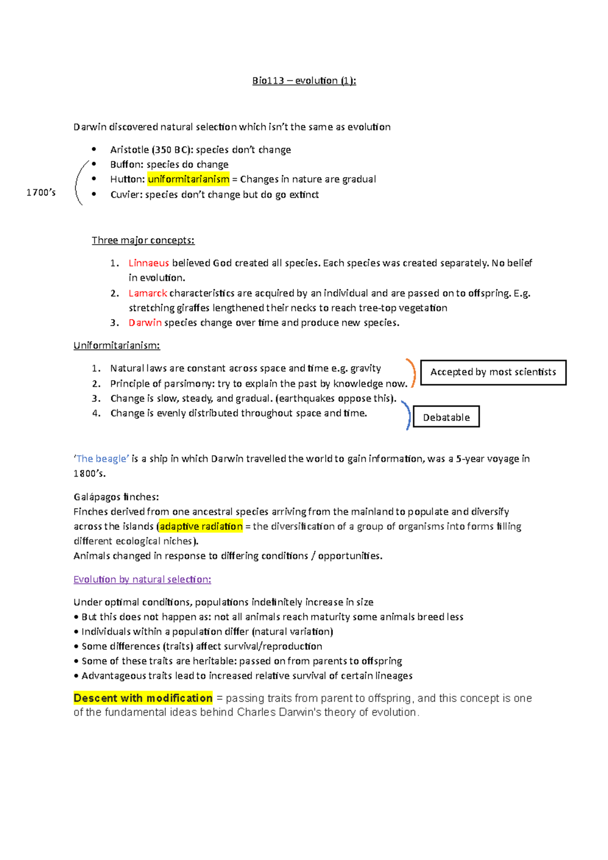 Bio113 - Lecture Notes on Evolution: Darwin and Natural Selection - Studocu