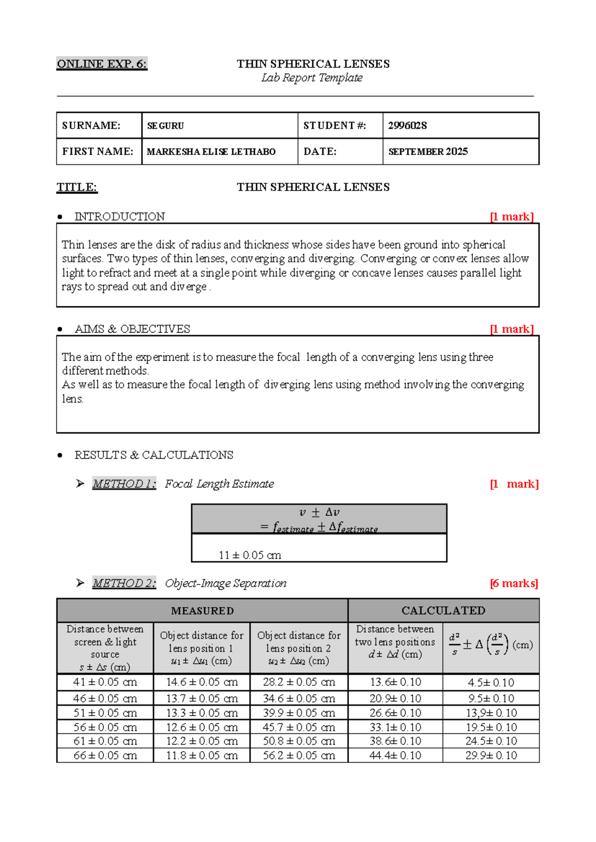 Exp06: Lab Report on Thin Spherical Lenses and Focal Length Measurement ...