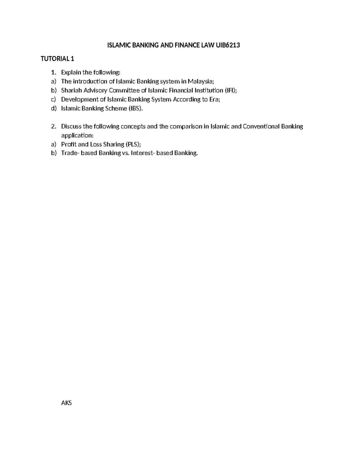 Tutorial 1 -islamic banking - ISLAMIC BANKING AND FINANCE LAW UIB ...