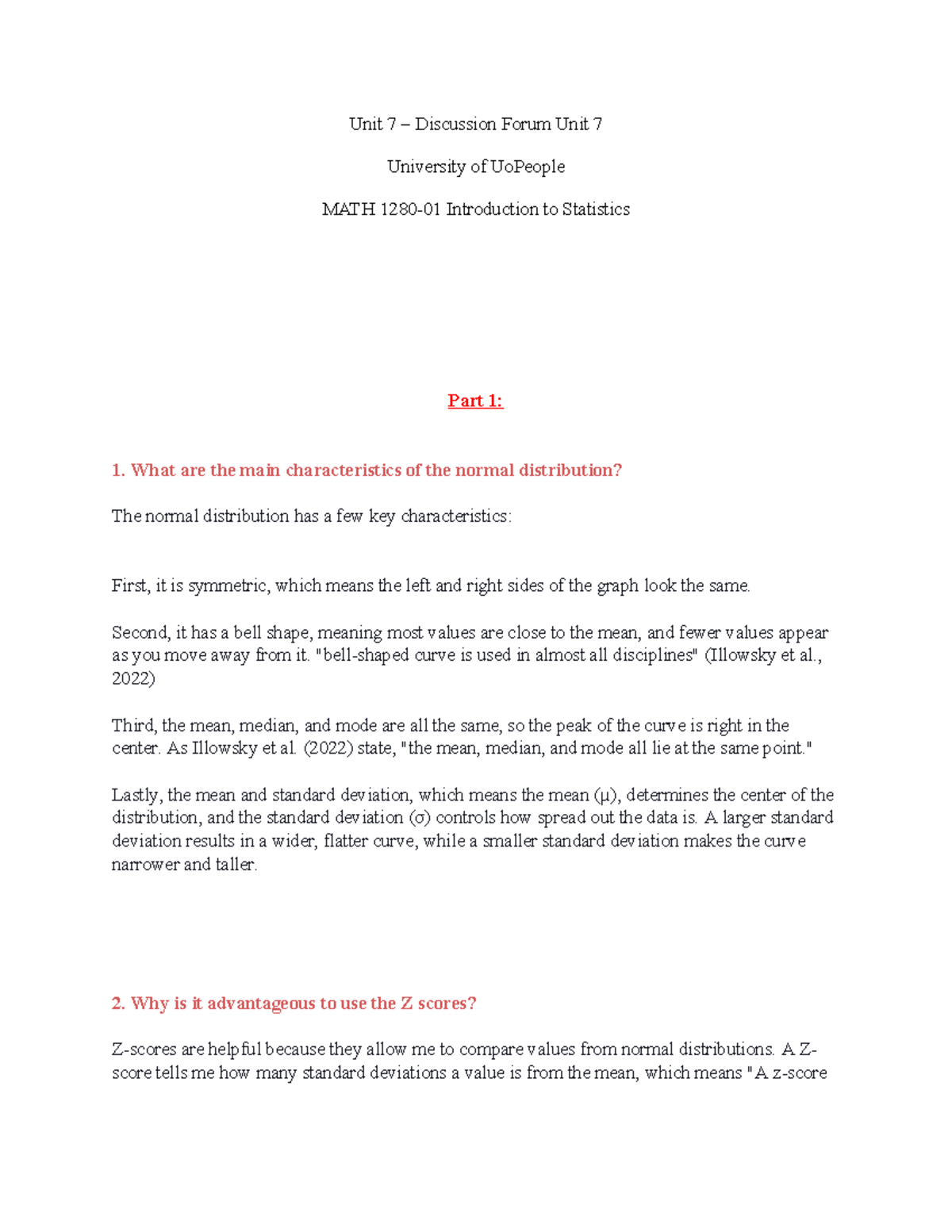 MATH 1280 - Unit 7 Discussion Forum on Normal Distribution & Z-Scores ...