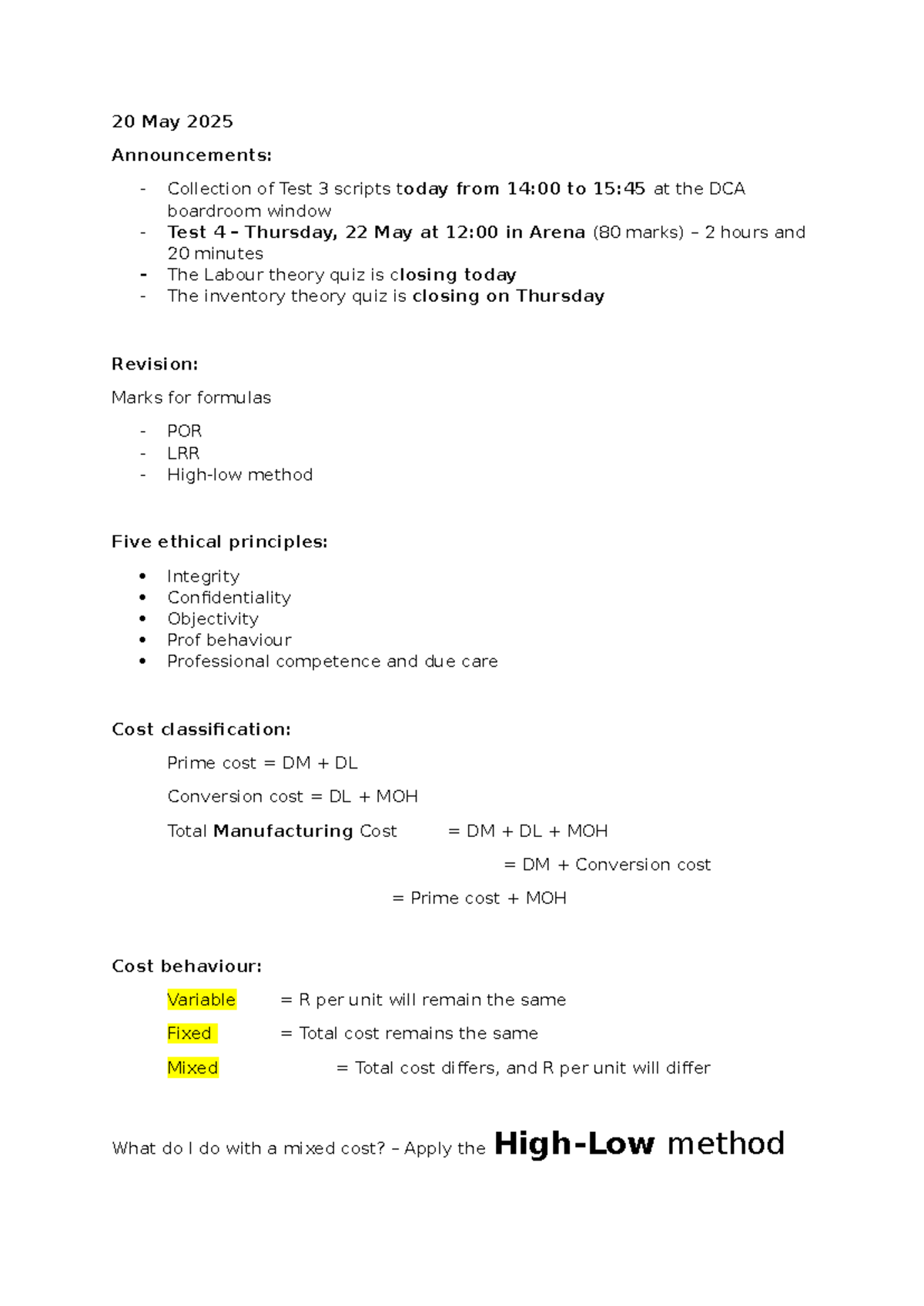 Test 3 & 4 Announcements and Exam Revision Notes for Course Code 2025 ...