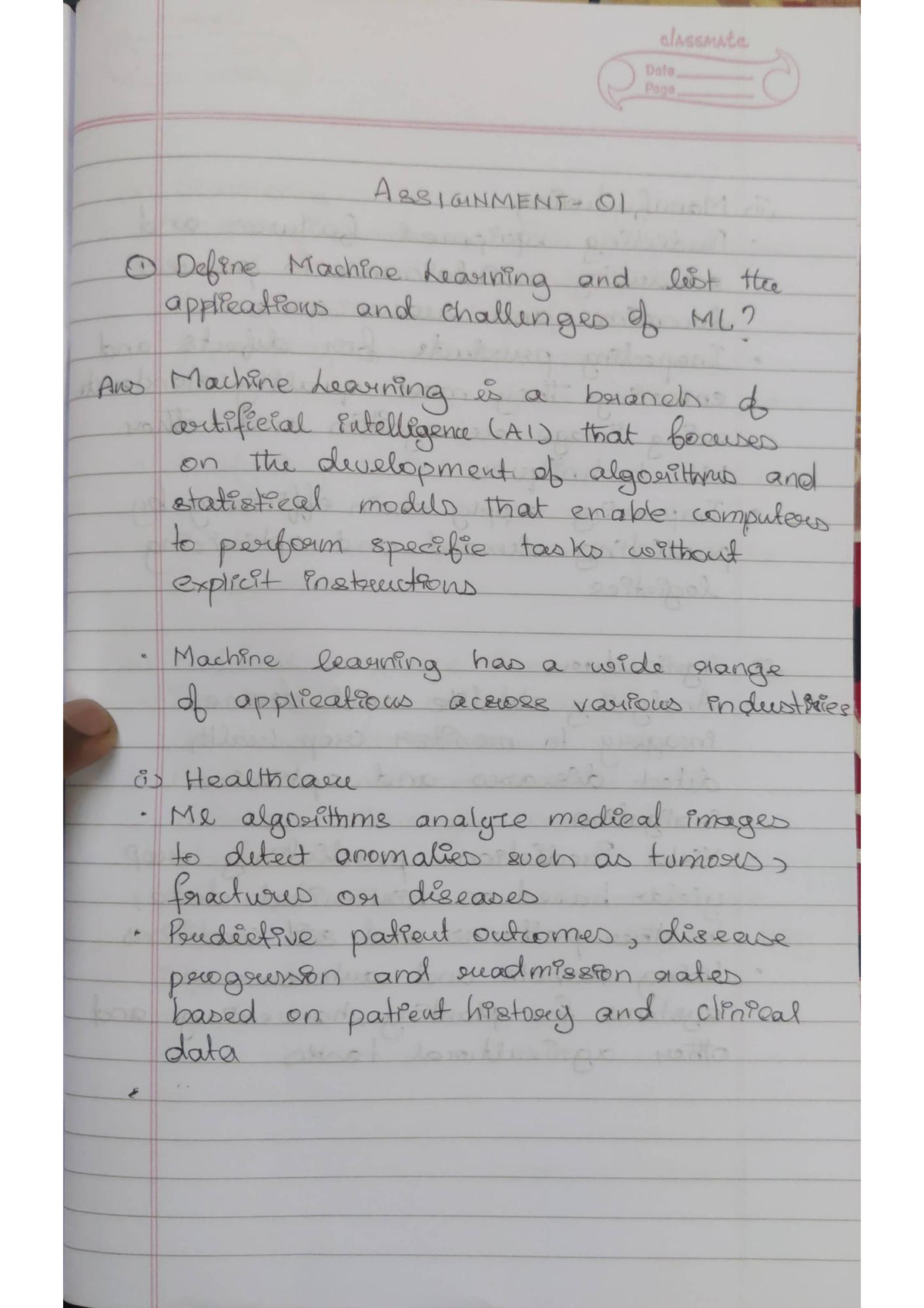 ML assignment - wfacs - classmate Date Page ASSIGNMENT 01 , Define ...