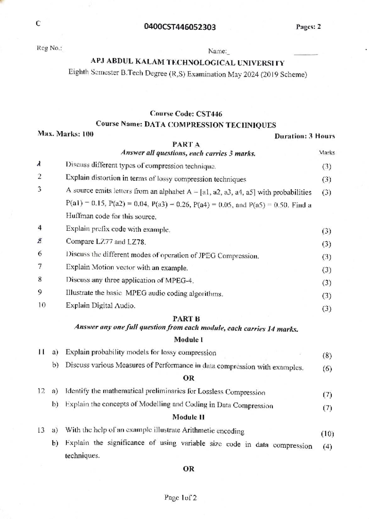 CST446 Data Compression Techniques Exam Notes - May 2024 (R.S) - Studocu