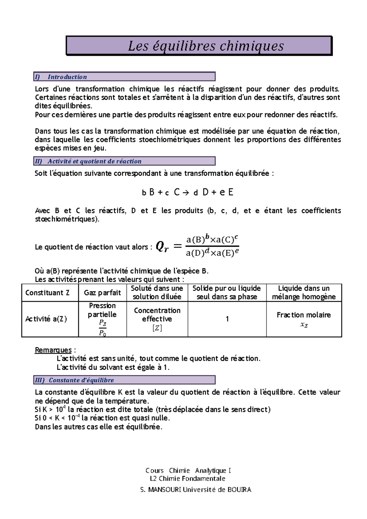 Chimie analytique - Équilibres chimiques et constantes d'équilibre ...