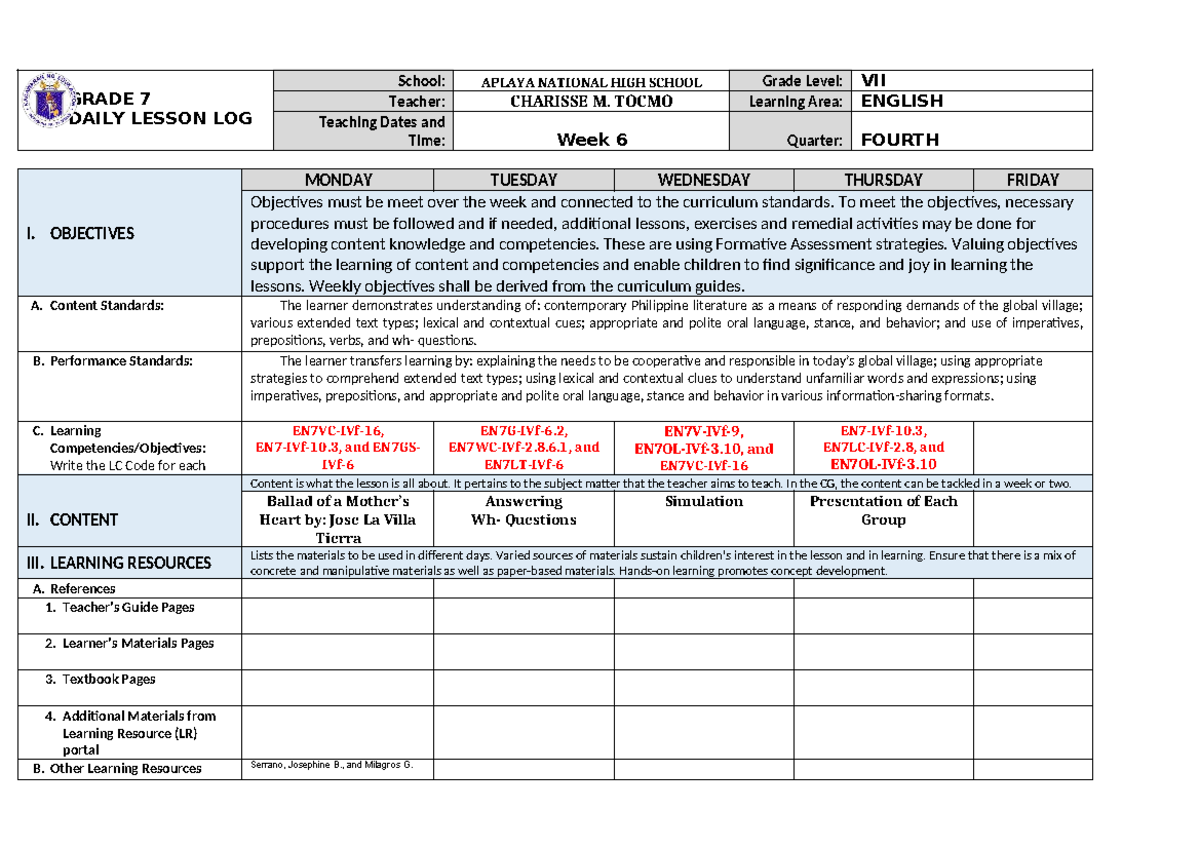 Grade 7 English DLL: 4th Quarter Week 6 Lesson Plan - Studocu
