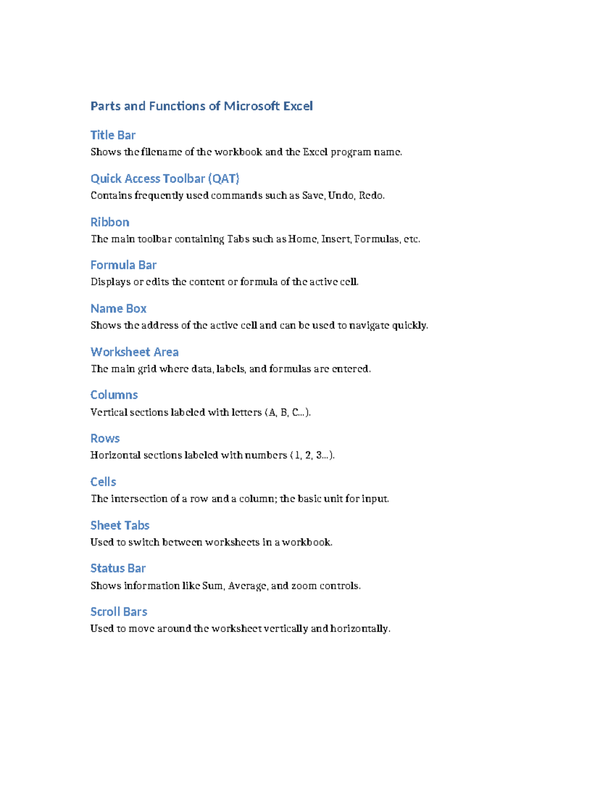 Parts and Functions of Excel: Title Bar, QAT, Ribbon, and More - Studocu