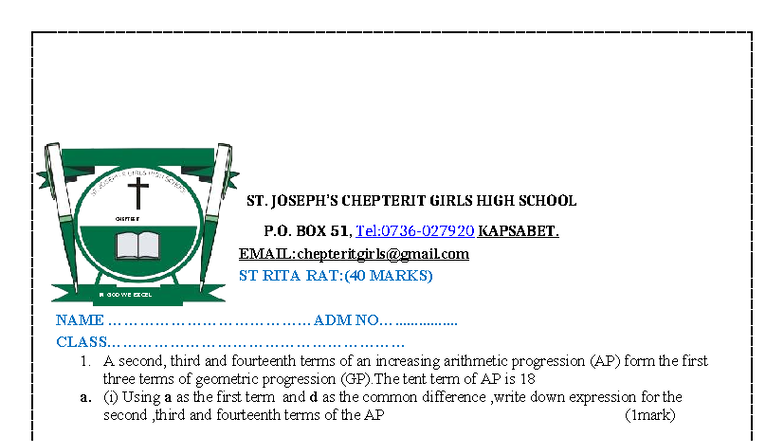 ST RITA RAT: AP & GP Problems - Math Exam Notes (40 Marks) - Studocu