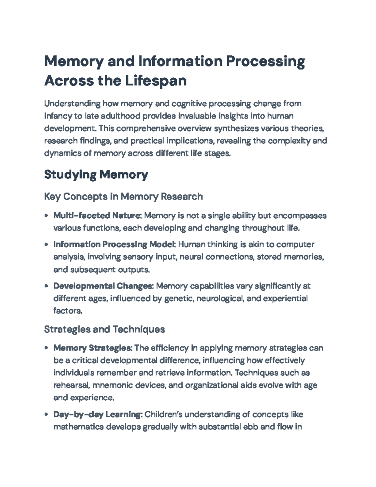Memory and Information Processing Across the Lifespan: Key Insights and ...