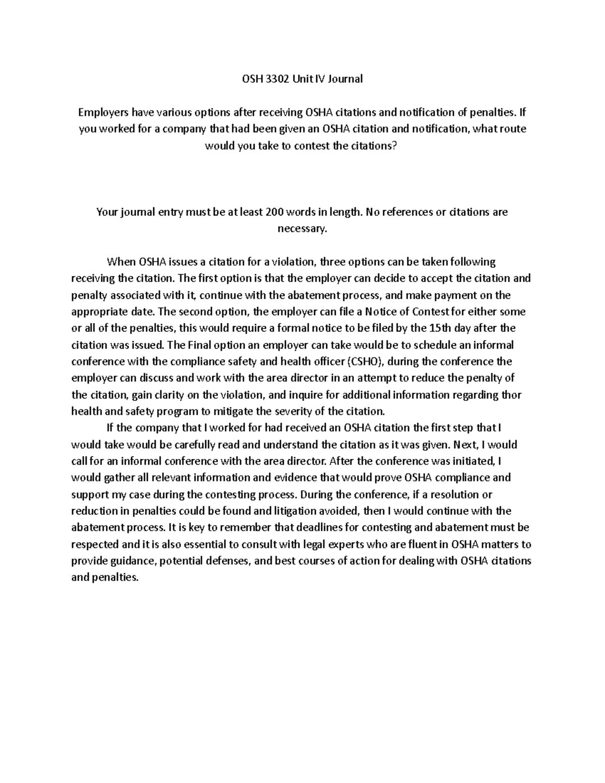 OSH 3302 Unit IV Journal: Navigating OSHA Citations & Penalties - Studocu