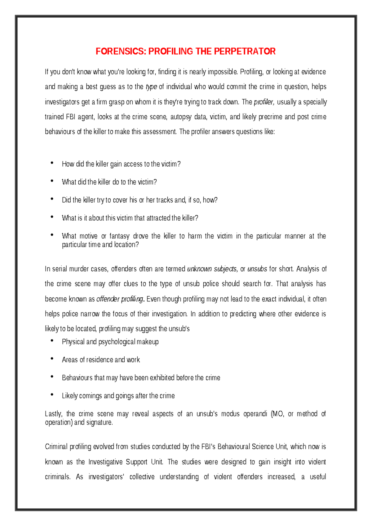 FOR 101: Criminal Profiling and Offender Analysis Notes - Studocu